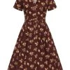 Collectif Caterina Fall Leaves 50's Swing Dress Brown