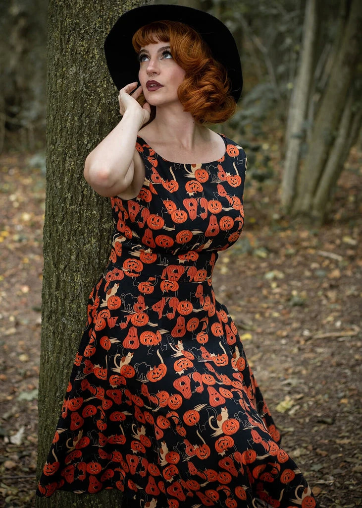 Collectif Hepburn Pumpkins Cats 50's Swing Dress Black 7 Collectif Hepburn Pumpkins Cats 50's Swing Dress Black - Image 5