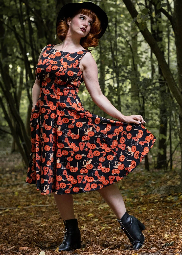 Collectif Hepburn Pumpkins Cats 50's Swing Dress Black 8 Collectif Hepburn Pumpkins Cats 50's Swing Dress Black - Image 6
