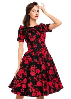 Dolly & Dotty Darlene Red Roses 50's Swing Dress Black