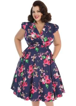 Hearts & Roses Midnight Garden 50's Swing Dress Navy