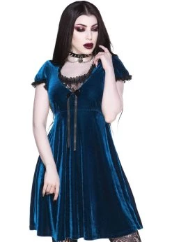 Killstar Heather Velvet 60's Jurk Sapphire Blue